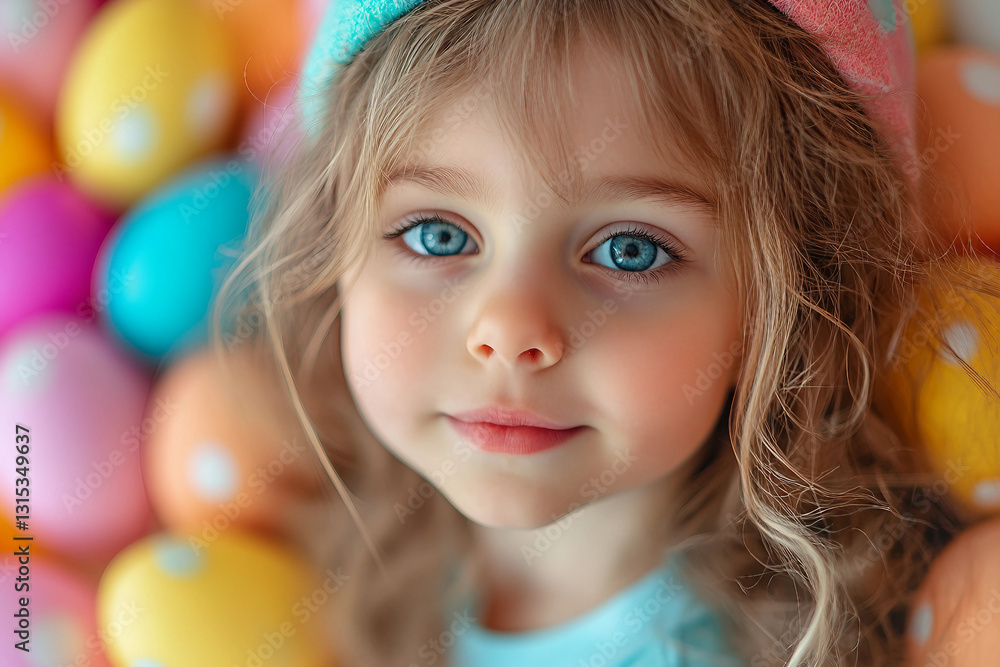 Generative AI image of a young child celebrating Easter Day surrounded by colorful decorated eggs Generative AI image of a young child celebrating Easter Day surrounded by colorful decorated eggs