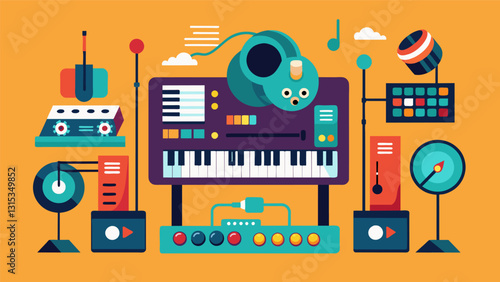 The studios database of virtual instruments provided endless possibilities for musical experimentation with data flow seamlessly integrating each new sound into the production.. Vector illustration