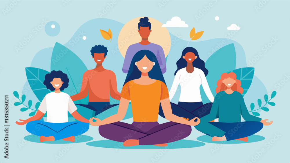 A sense of calm and unity radiates throughout the group as mindfulness and compassion are cultivated within each individual.. Vector illustration A sense of calm and unity radiates throughout the group as mindfulness and compassion are cultivated within each individual.. Vector illustration