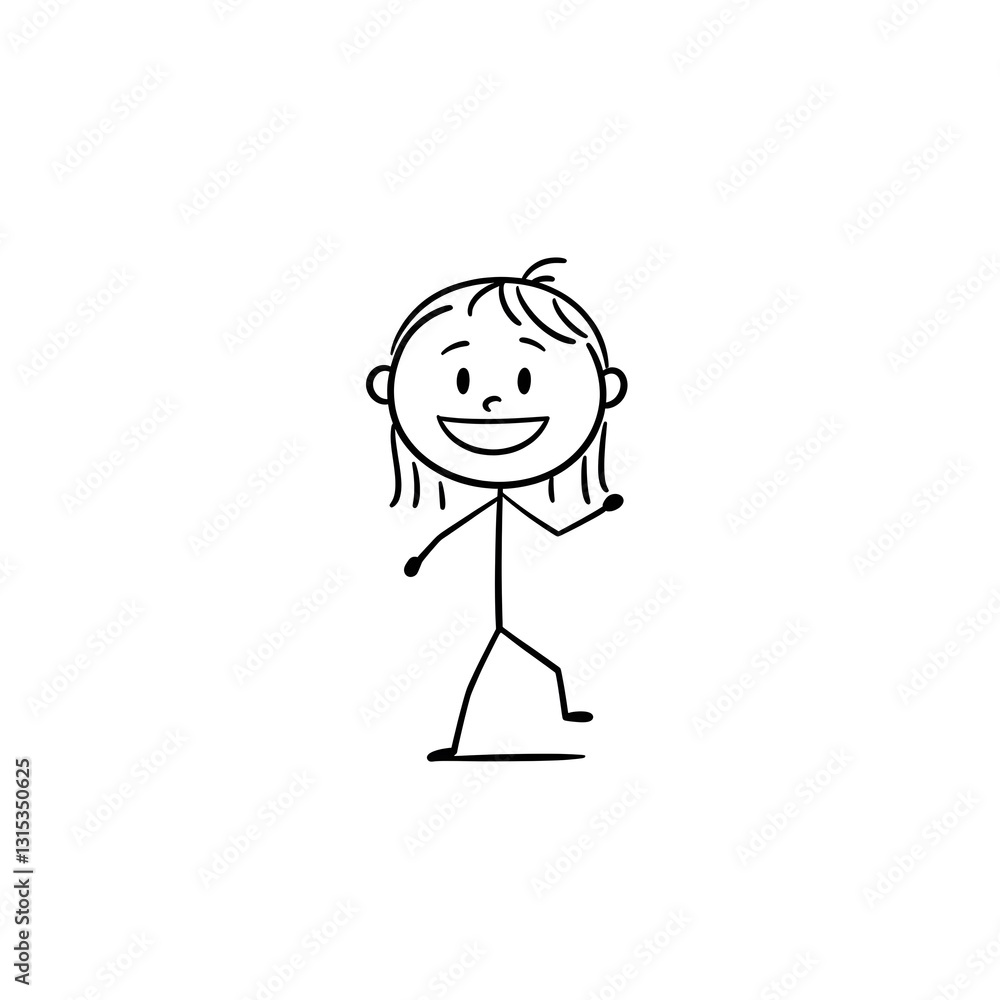 Happy Stick Figure Girl Waving on White Background Happy Stick Figure Girl Waving on White Background