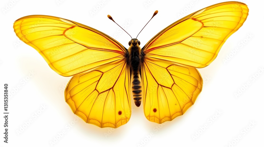 Fototapeta premium Golden Wings: A captivating top-down perspective showcases the delicate beauty of a butterfly with vibrant yellow wings, its intricate patterns highlighted.