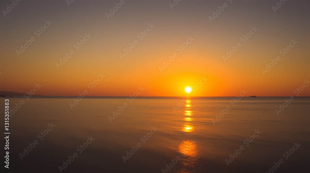 Naklejka premium Golden Horizon: The sun descends, painting the sea with strokes of gold and orange, offering a serene, reflective moment and breathtaking beauty.