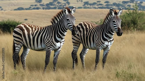 Two zebras stand in tall grass on a sunny day in the African savanna, showcasing their unique stripes and serene environment