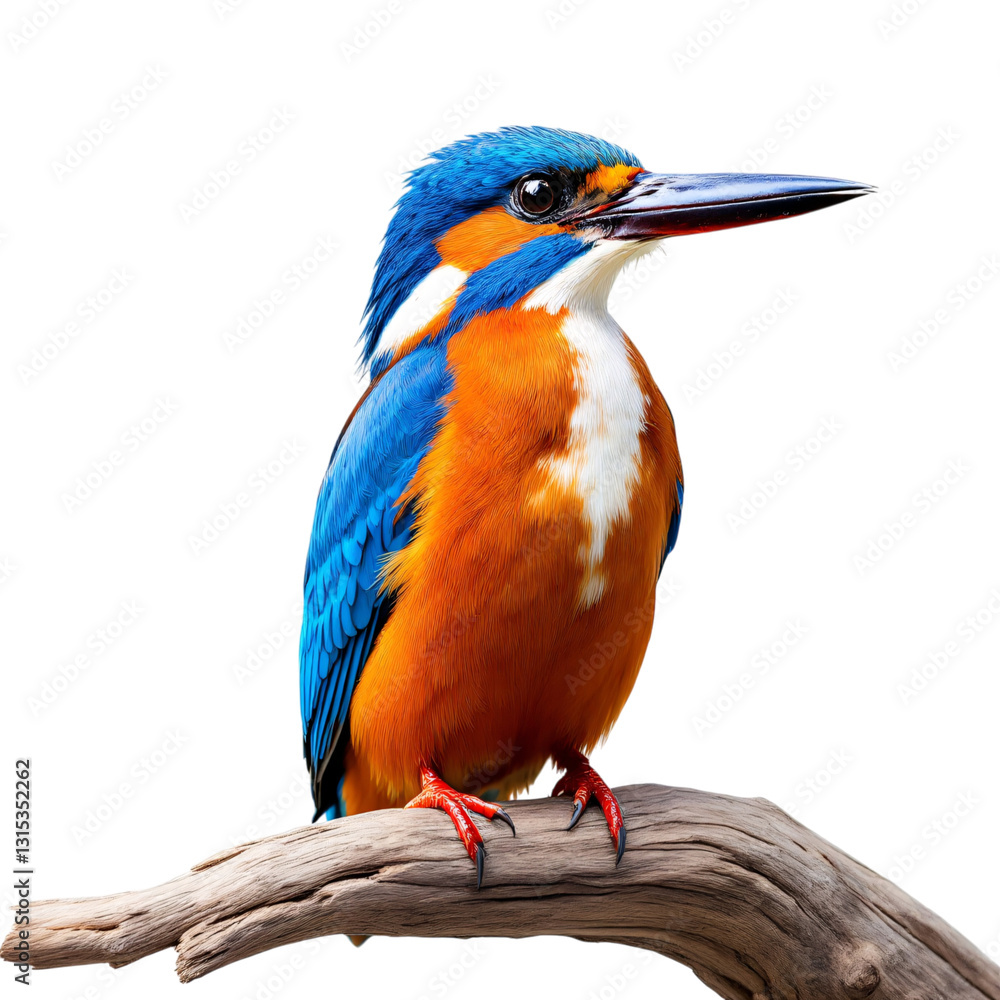 Obraz premium Vibrant Kingfisher Perched on a Branch Against a White Background