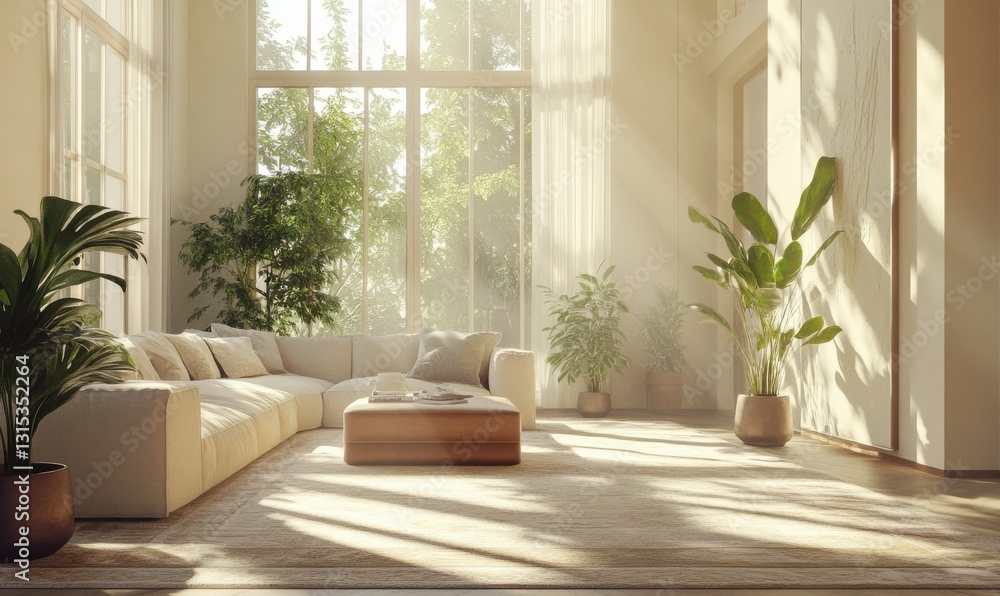 Fototapeta premium Bright living room with cozy furniture and lush green plants.