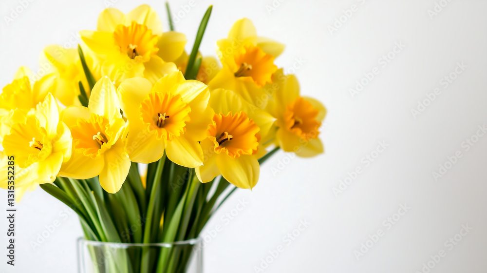 Bright yellow daffodils arranged in a clear vase on a white background Bright yellow daffodils arranged in a clear vase on a white background