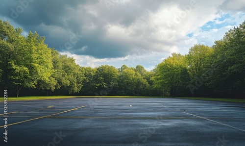 outdoor empty space parking lot with trees and cloudy sky. outside parking lot in a park