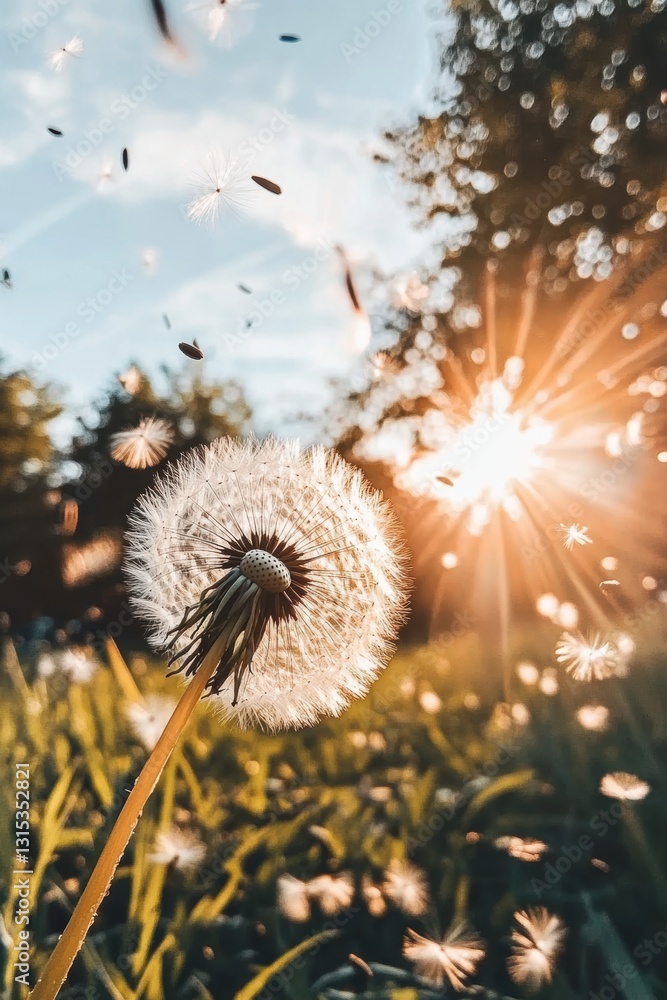 Naklejka premium Dandelion plant in Spring field.