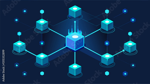 The hexabyte connections glow with a faint blue light almost like streams of electricity pulsing through the network.. Vector illustration