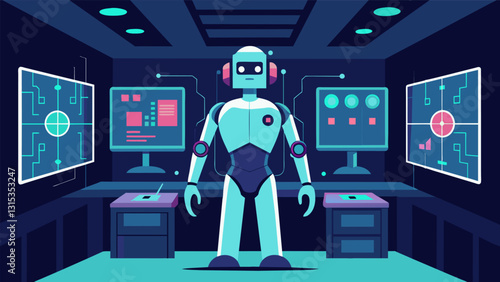 The AI figure stands in a room filled with screens and monitors its gaze shifting rapidly as it absorbs and learns from the constant flow of information.. Vector illustration