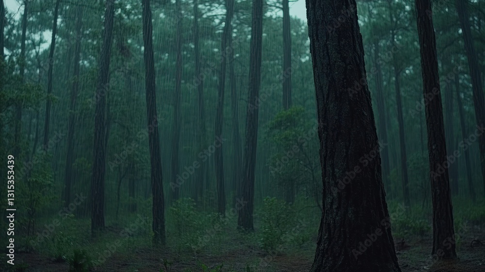 Fototapeta premium Rainy Day in the Enchanting Pine Forest: A Serene Escape into Nature's Embrace