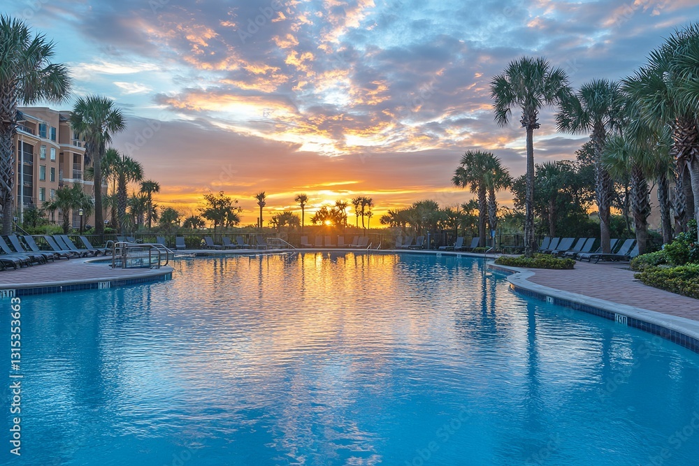 Fototapeta premium Stunning Sunset View Tropical Resort Poolside Relaxation Luxury Vacation Scenic Palm Trees Tranquil Water Beautiful Orange Sky Evening Calm Peaceful 