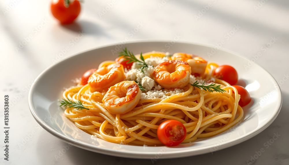 Italian pasta with shrimps , parmesan and tomatoes, flat design. with white shades Italian pasta with shrimps , parmesan and tomatoes, flat design. with white shades