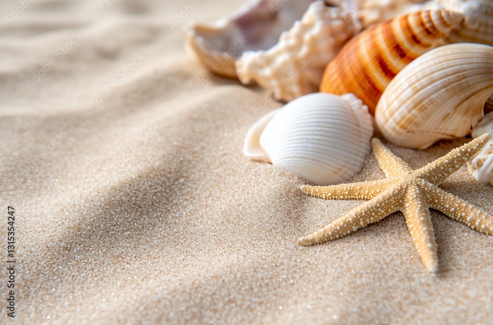 Seashells and Starfish on Sandy Beach Natural Coastal Scene Seashells and Starfish on Sandy Beach Natural Coastal Scene