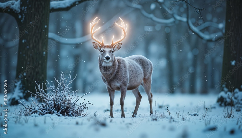 Fototapeta premium Deer with glowing antlers standing in snowy forest