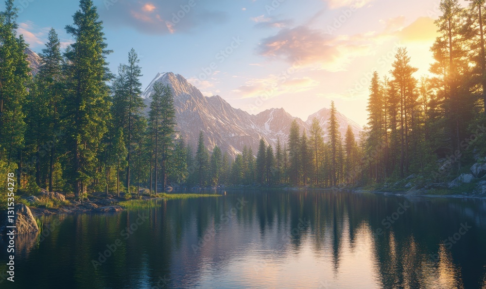 Fototapeta premium Calm and reflective mountain lake surrounded by dense pine trees under a vibrant sunrise illuminated by warm natural light creating a peaceful wilderness scene