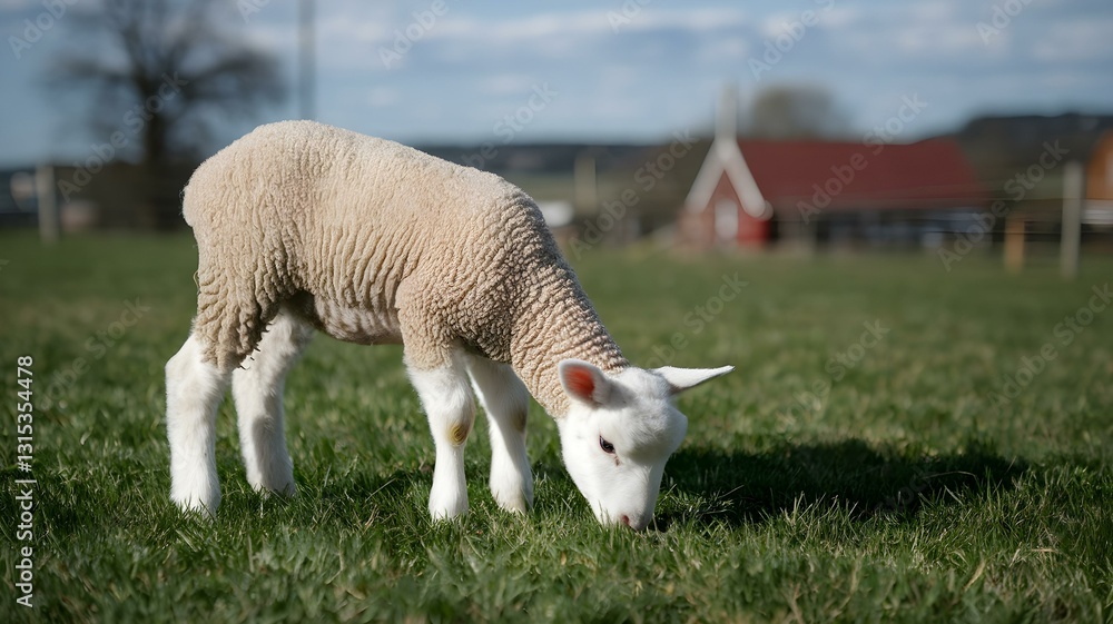 Obraz premium A cute lamb is grazing in a countryside farmer's field, a lamb in farm, a lamb is grazing, a cute lamb is grazing, generated with ai