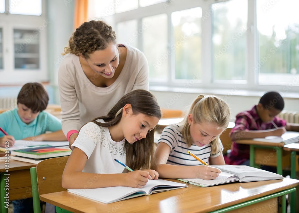 Teacher Helping Pupils Studying At Desks In Classroom Teacher Helping Pupils Studying At Desks In Classroom