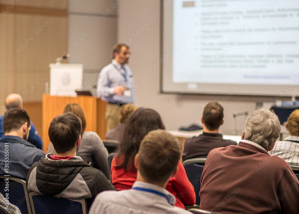 Fototapeta premium Male speaker giving presentation in hall at university workshop. Audience or conference hall. Rear view of unrecognized participants in audience. Scientific conference event, training. Education