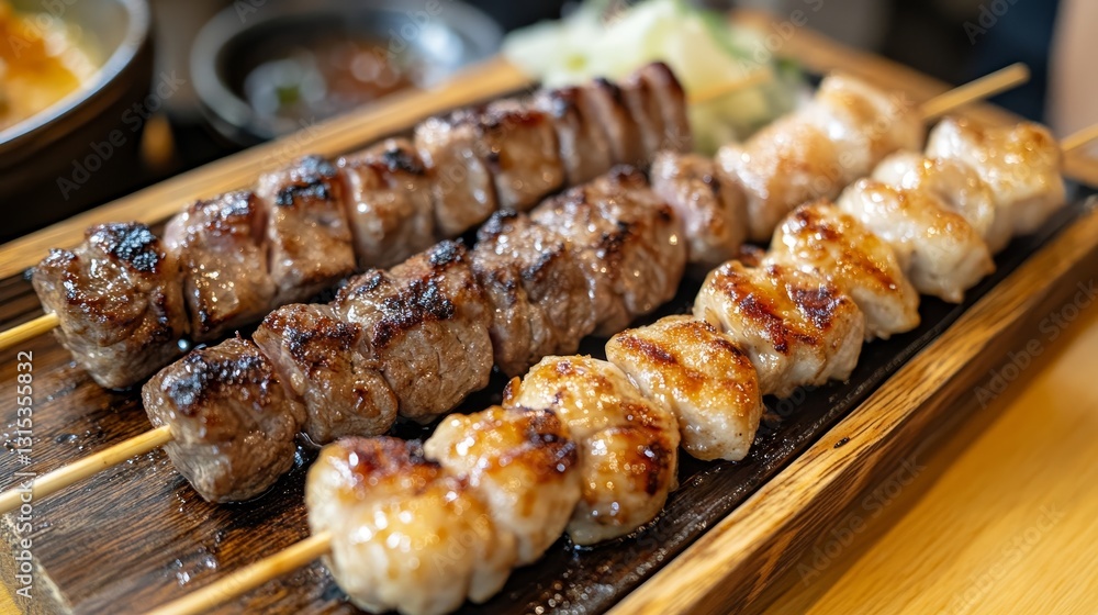 Delicious grilled beef skewers with roasted potato wedges and tomato sauce, served on a black stone plate Delicious grilled beef skewers with roasted potato wedges and tomato sauce, served on a black stone plate
