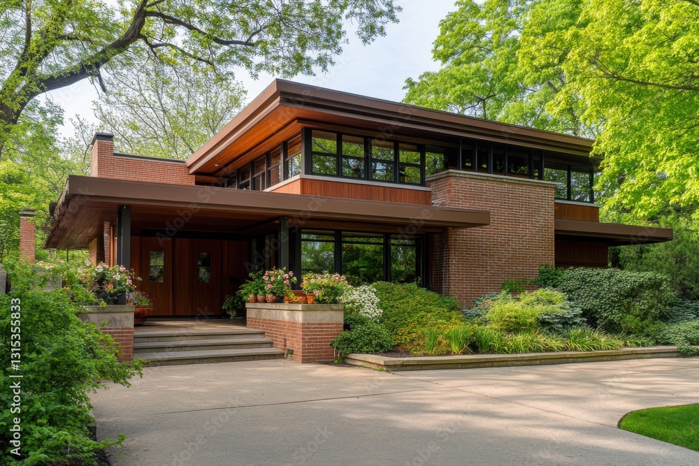 Modern architectural design showcased in a lush garden setting during daylight with vibrant green foliage and flower beds enhancing the house's surroundings Modern architectural design showcased in a lush garden setting during daylight with vibrant green foliage and flower beds enhancing the house's surroundings