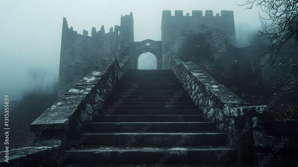 Obraz premium Mysterious Stone Steps Leading to a Fog-Shrouded Castle