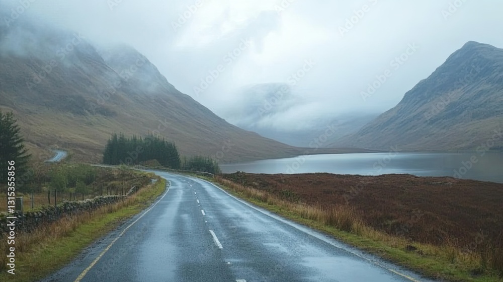 Empty road leading through misty hills with trees and a small lake in the background. Foggy weather creating a serene and mysterious atmosphere. Nature and solitude concept. Generative AI Empty road leading through misty hills with trees and a small lake in the background. Foggy weather creating a serene and mysterious atmosphere. Nature and solitude concept. Generative AI