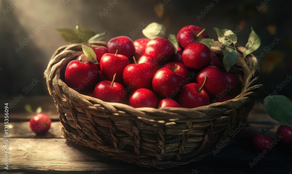 Close-up of bright red apples arranged in a rustic wooden basket illuminated by soft natural light creating a fresh and inviting fruit composition Close-up of bright red apples arranged in a rustic wooden basket illuminated by soft natural light creating a fresh and inviting fruit composition