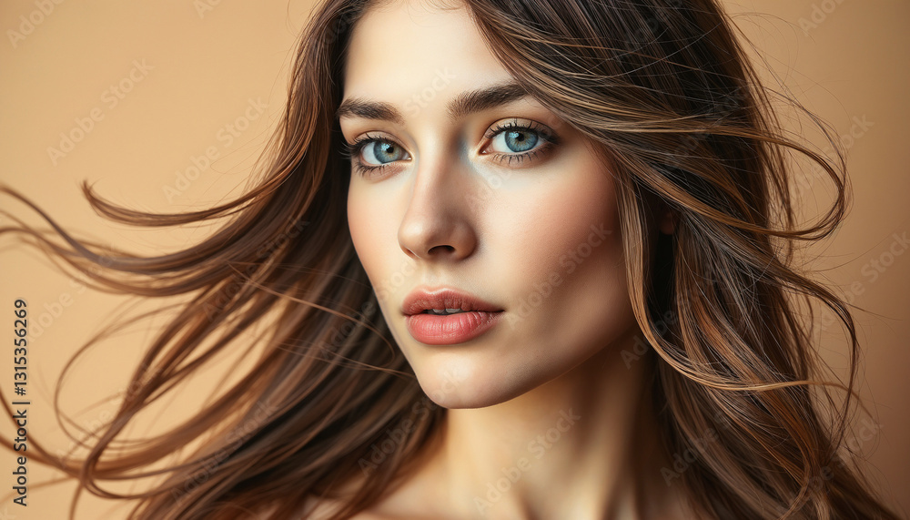 Fototapeta premium A striking portrait of a young woman with flowing brunette hair, vibrant blue eyes, and a neutral background, emphasizing beauty, confidence, and a natural aesthetic. Perfect for lifestyle and fashion