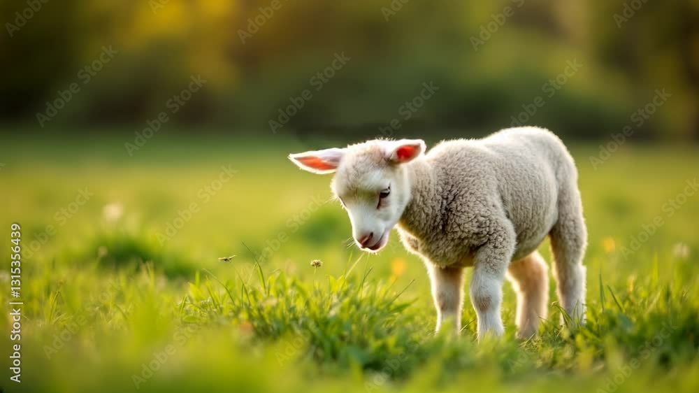 baby lamb on a meadow video, sheep in the grass video, a lamb in a farm, a cute lamb in the farm is grazing, sheep in the meadow, generated with ai