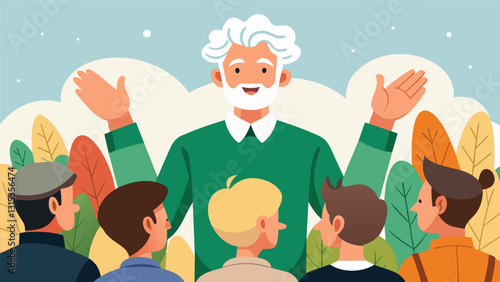 A whitehaired man passionately explains the benefits of organic farming to a group of eager marketgoers his weathered hands motioning with conviction.. Vector illustration