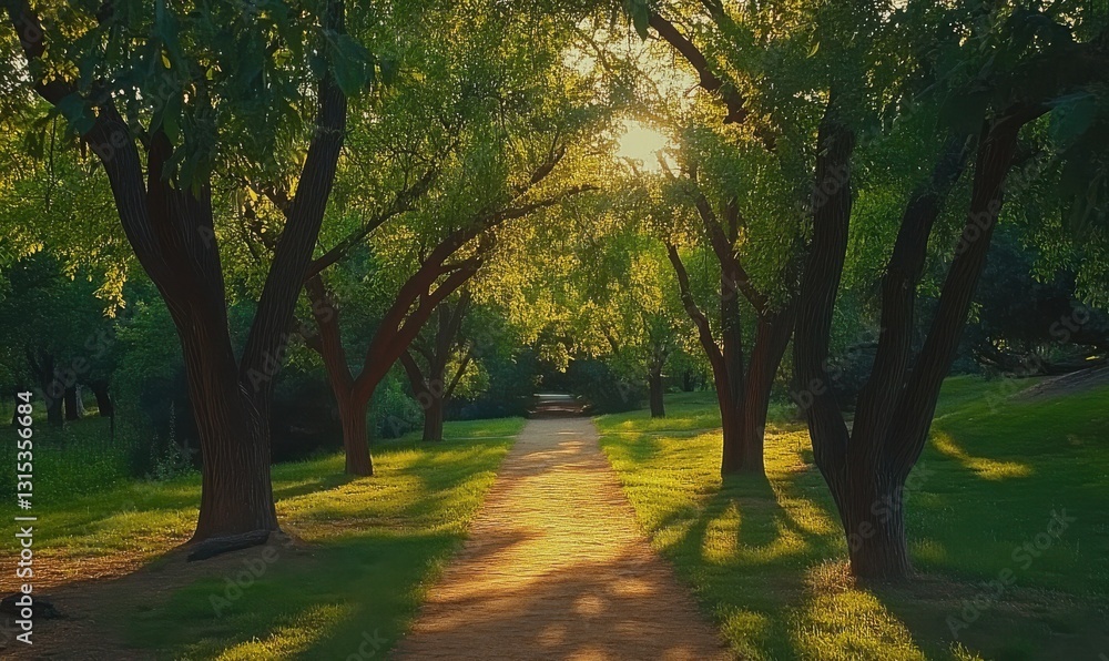 Obraz premium Peaceful wooded path lined with vibrant green trees glowing under golden morning sunlight, creating a serene natural escape
