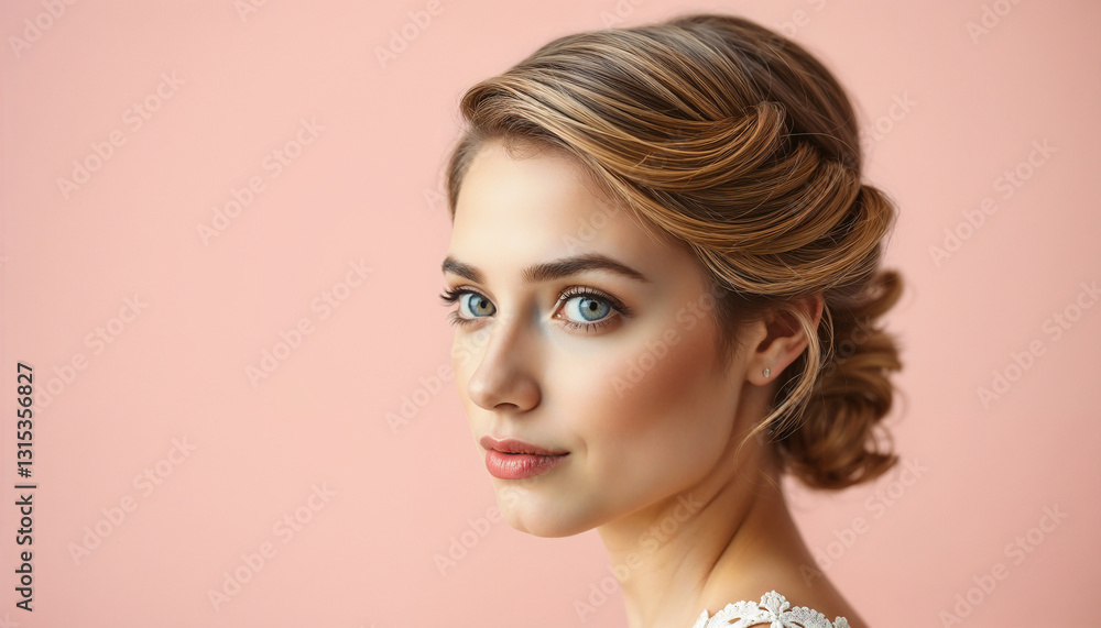 Fototapeta premium A serene portrayal of a beautiful young woman with an elegant hairstyle, gazing confidently at the camera, set against a soft pink backdrop, reflecting sophistication and poise.