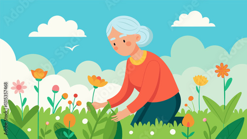 A senior woman picking wildflowers in a meadow smiling with joy as she connects with the beauty and simplicity of nature.. Vector illustration