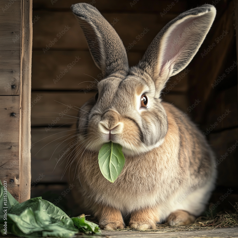 Portrait of a Flemish Grey Rabbit Eating in Its Enclosure