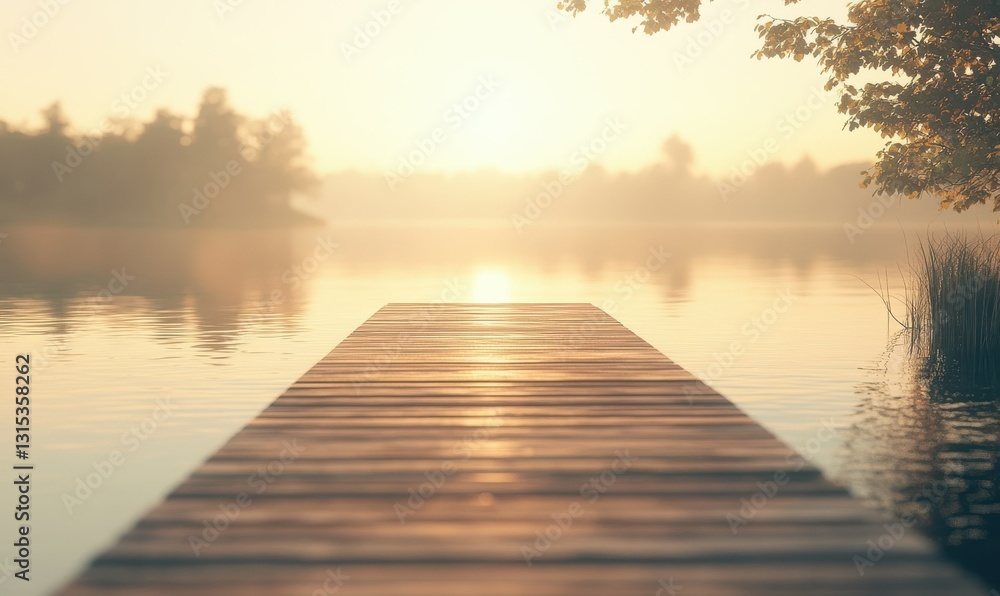 Fototapeta premium Peaceful lakeside view with a wooden pier extending into calm water, golden sunlight creating a tranquil ambiance.