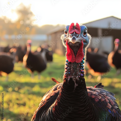Obraz na płótnie Free-Range Turkeys Roaming a Rural Farm at Sunrise w salonie