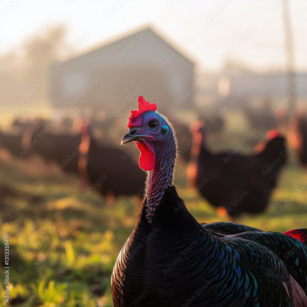 Free-Range Turkeys Roaming a Rural Farm at Sunrise