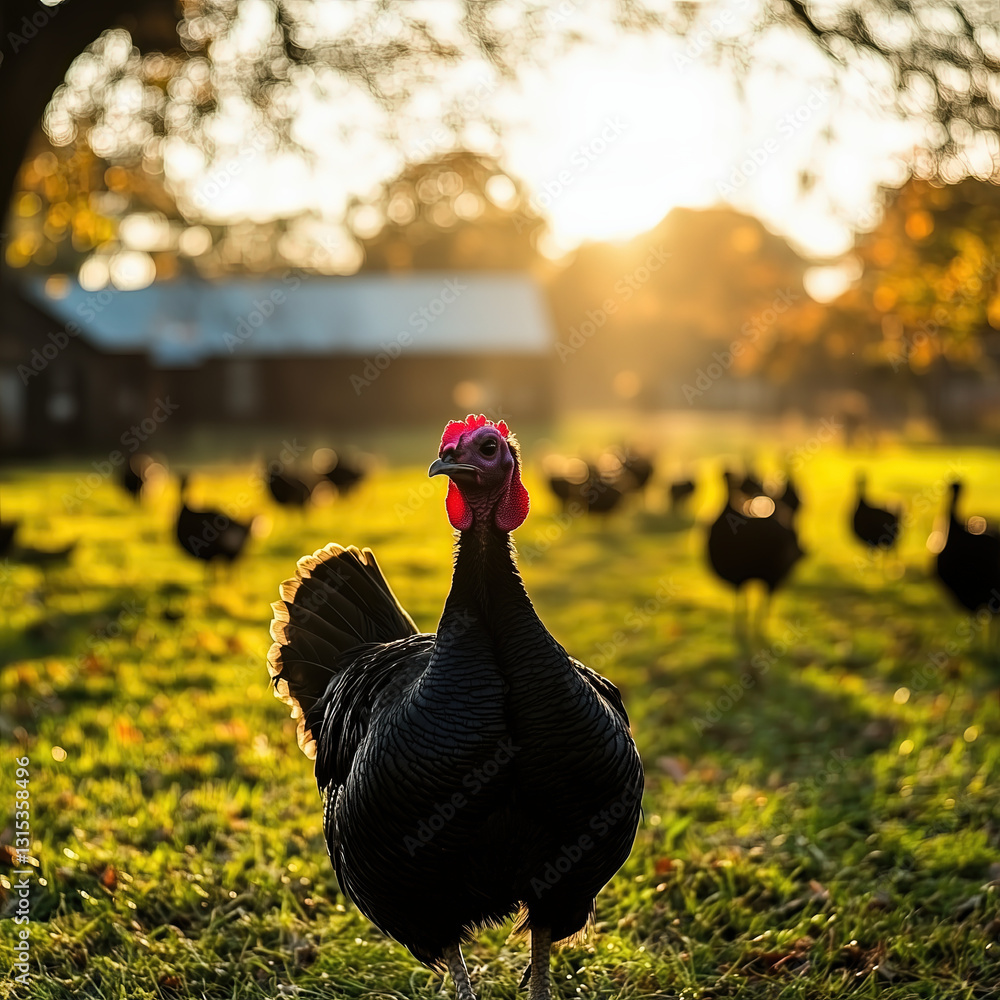 Free-Range Turkeys Roaming a Rural Farm at Sunrise