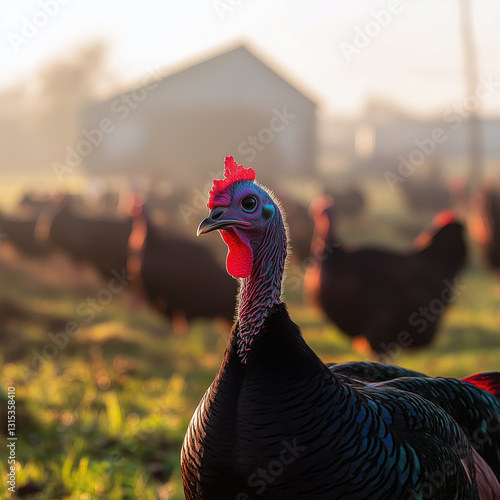Obraz na płótnie Free-Range Turkeys Roaming a Rural Farm at Sunrise w salonie