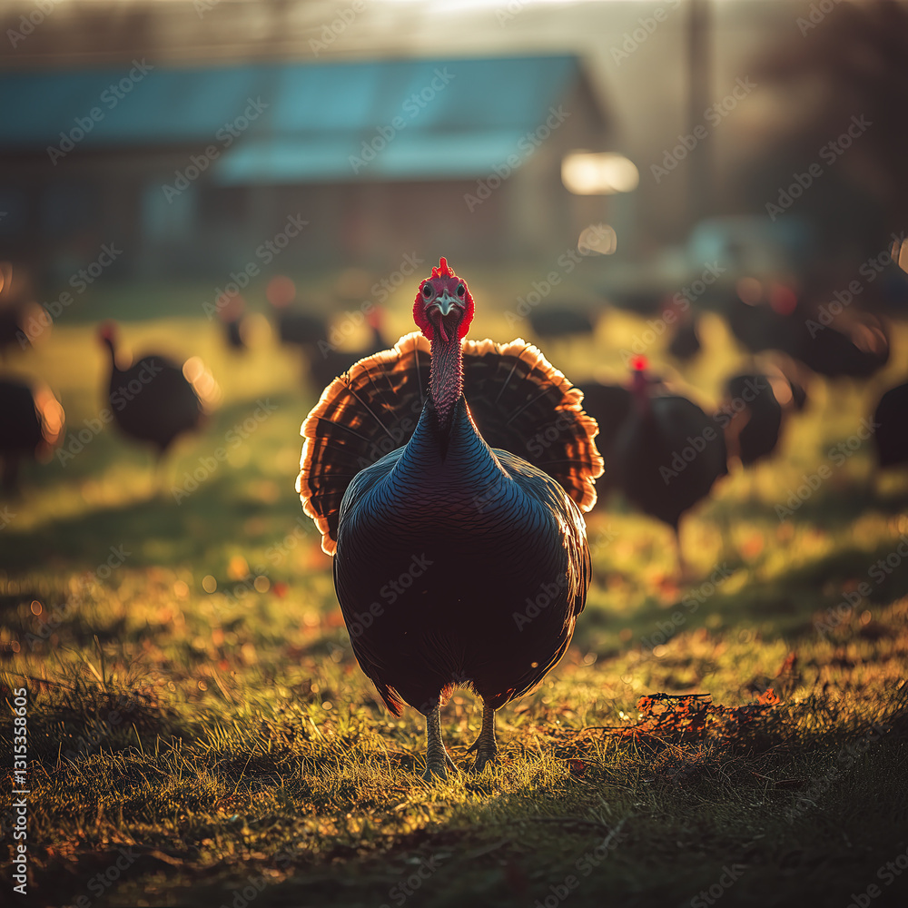 Free-Range Turkeys Roaming a Rural Farm at Sunrise