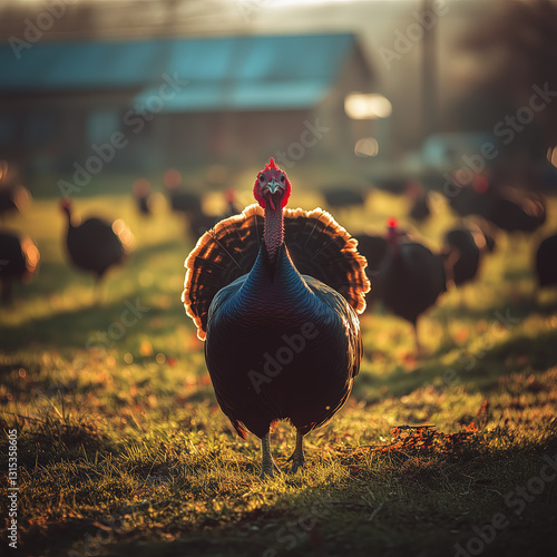 Free-Range Turkeys Roaming a Rural Farm at Sunrise