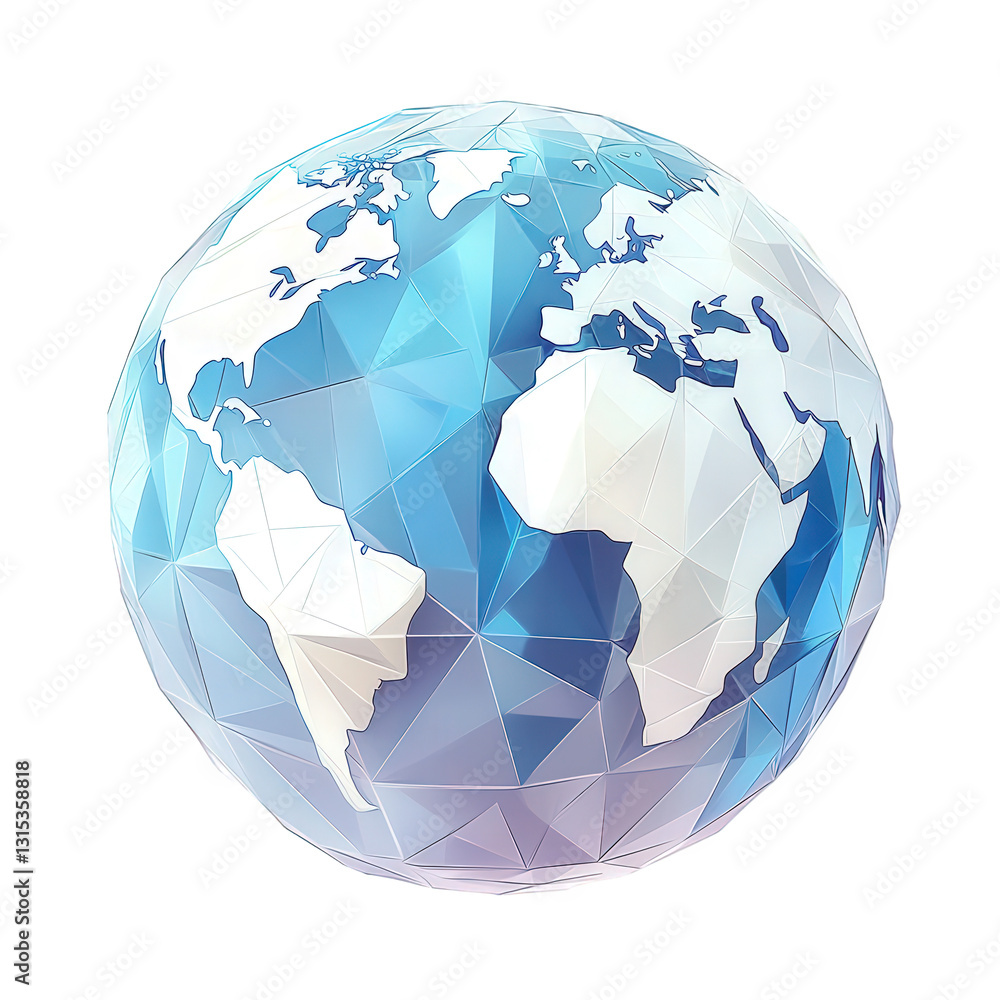 An artistic low-poly world globe, digital vector illustration, refined polygonal shapes with soft highlights, elegant blue and white tones, transparent background, PNG An artistic low-poly world globe, digital vector illustration, refined polygonal shapes with soft highlights, elegant blue and white tones, transparent background, PNG