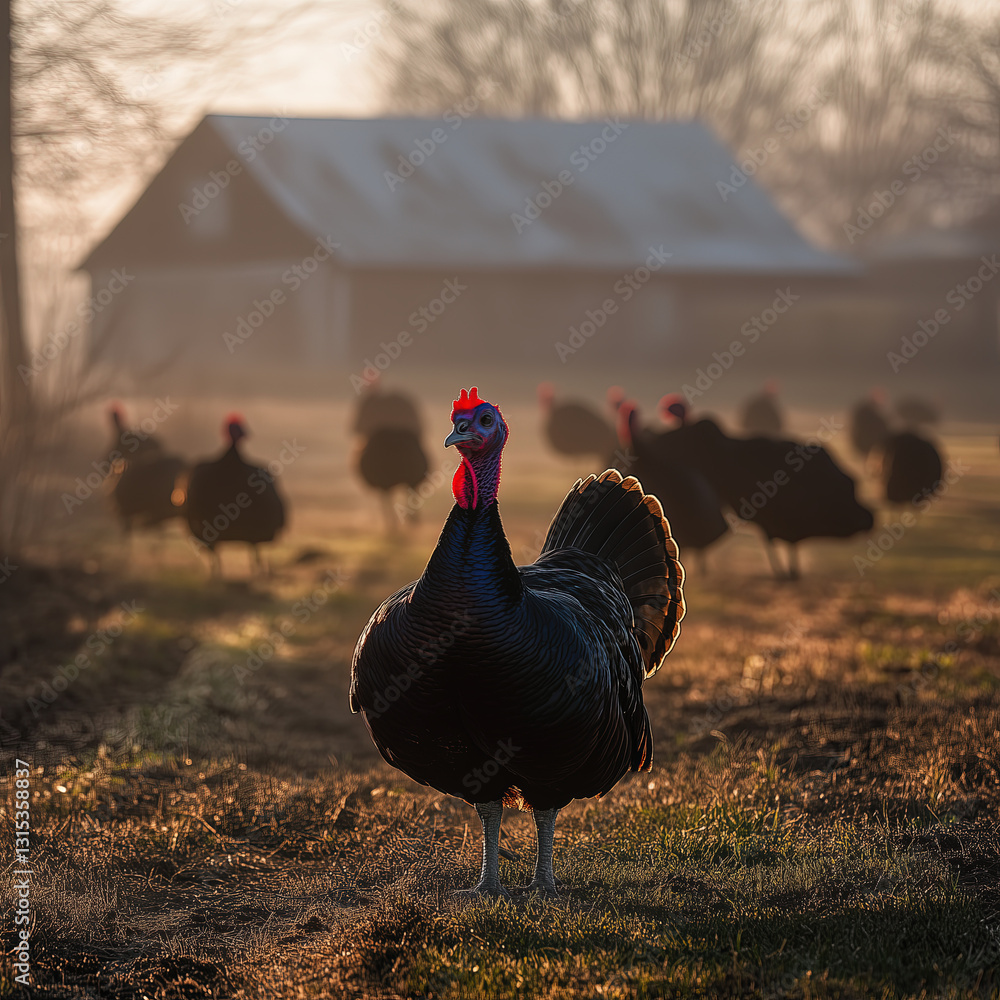 Free-Range Turkeys Roaming a Rural Farm at Sunrise