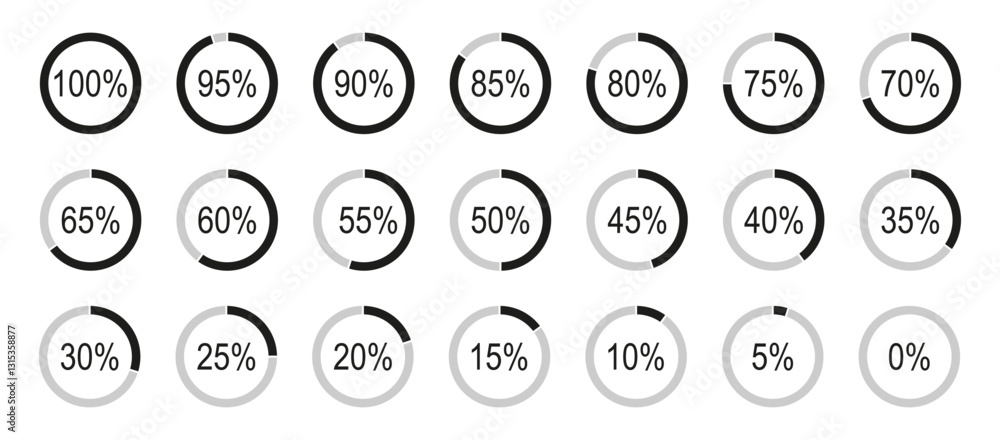 Round diagrams icons for infographics from 0 to 100 percent. Percentage infographics elements. Black, grey color fill divided pie charts minimalist indicator. Circle graph loading progress mockups. Round diagrams icons for infographics from 0 to 100 percent. Percentage infographics elements. Black, grey color fill divided pie charts minimalist indicator. Circle graph loading progress mockups.