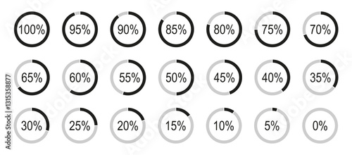 Round diagrams icons for infographics from 0 to 100 percent. Percentage infographics elements. Black, grey color fill divided pie charts minimalist indicator. Circle graph loading progress mockups.