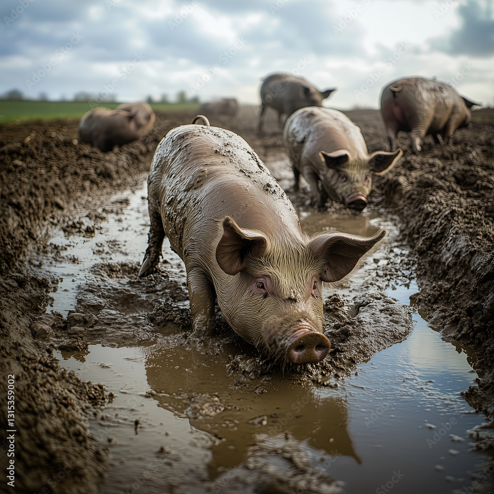 Group of Pigs Digging in Muddy Soil