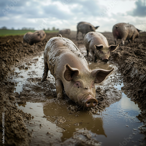 Group of Pigs Digging in Muddy Soil