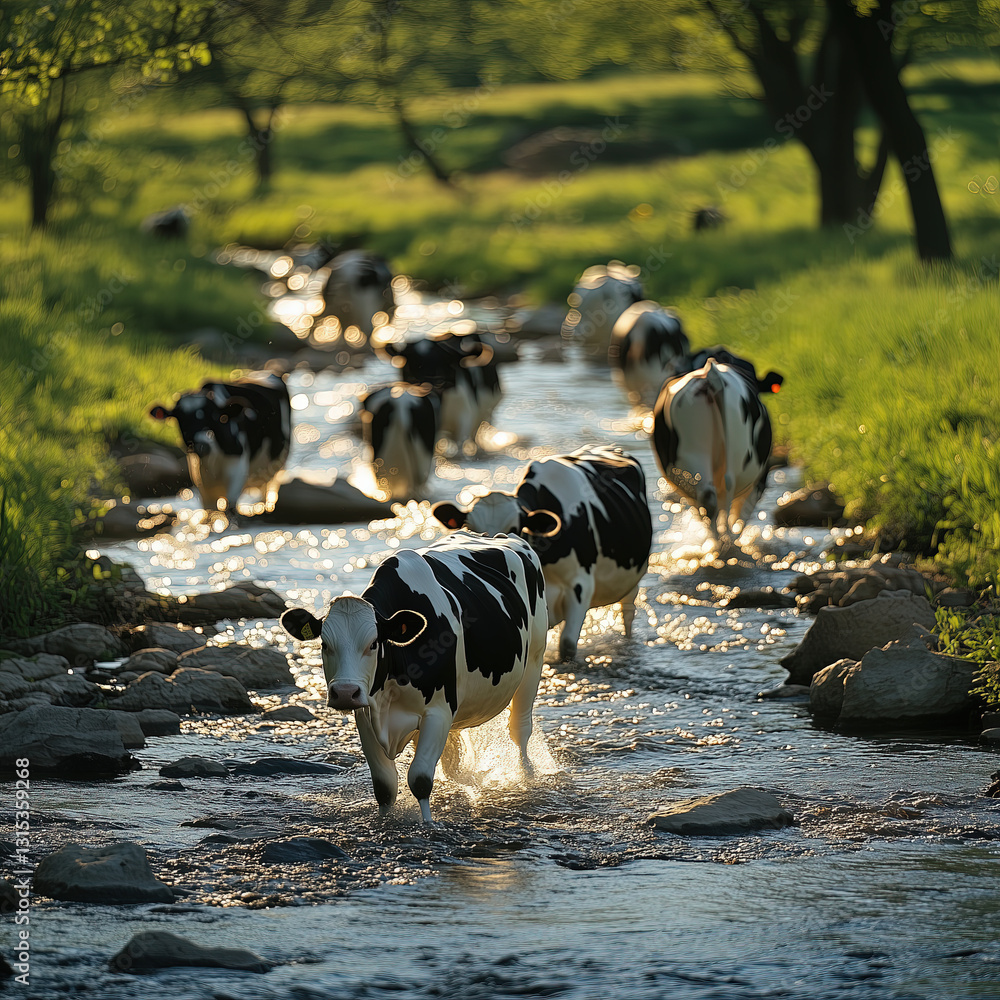 Herd of Dairy Cows Wading Through a Shallow Stream