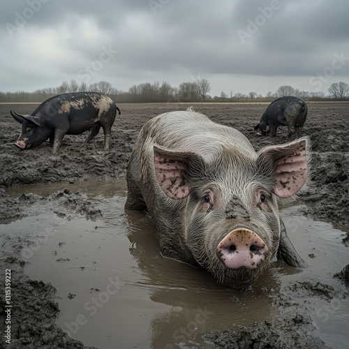Obraz na płótnie Group of Pigs Digging in Muddy Soil w salonie